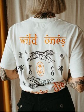 P&Co White Graphic Shangri-La Tee with Orange "Wild Ones" Back Print - L - NWT